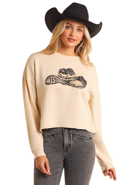 Rock & Roll Denim Western Cropped Pullover - Cream Cream