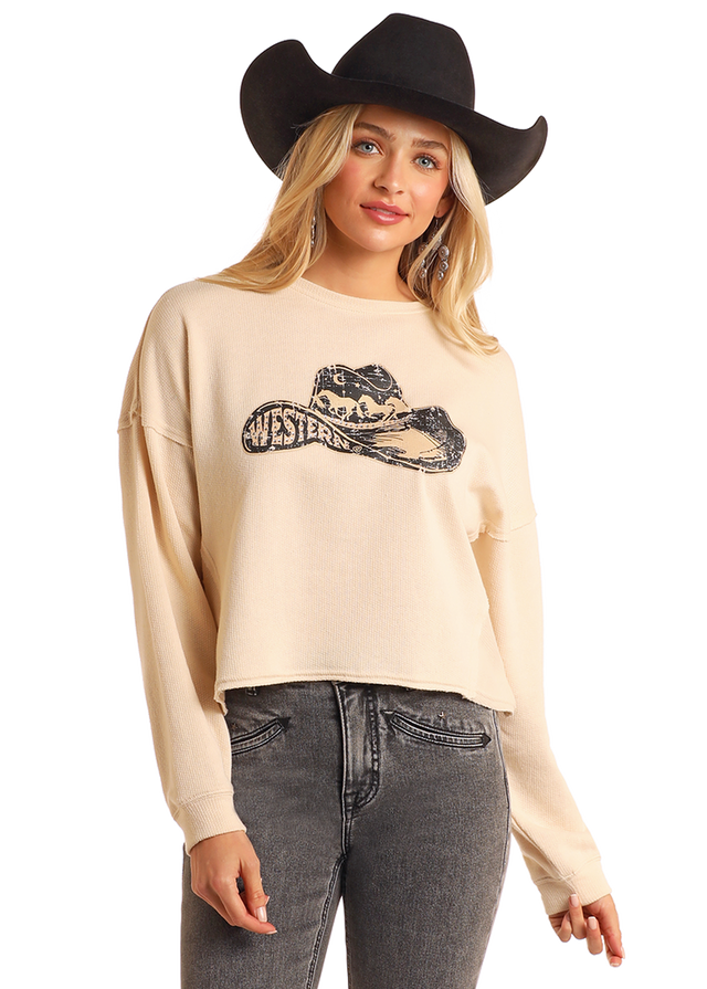 Rock & Roll Denim Western Cropped Pullover - Cream Cream