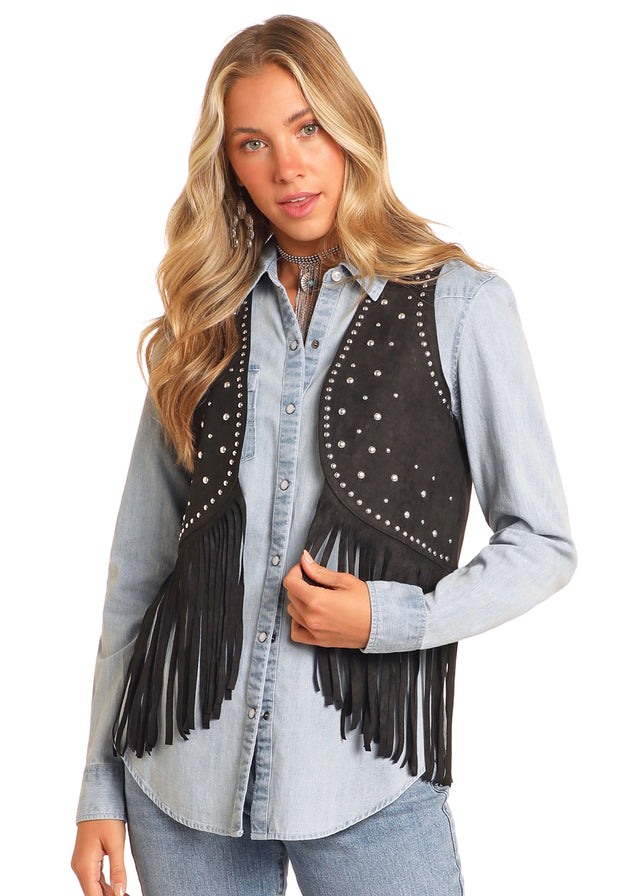 Rock & Roll Denim Studded Fringe Vest - Black