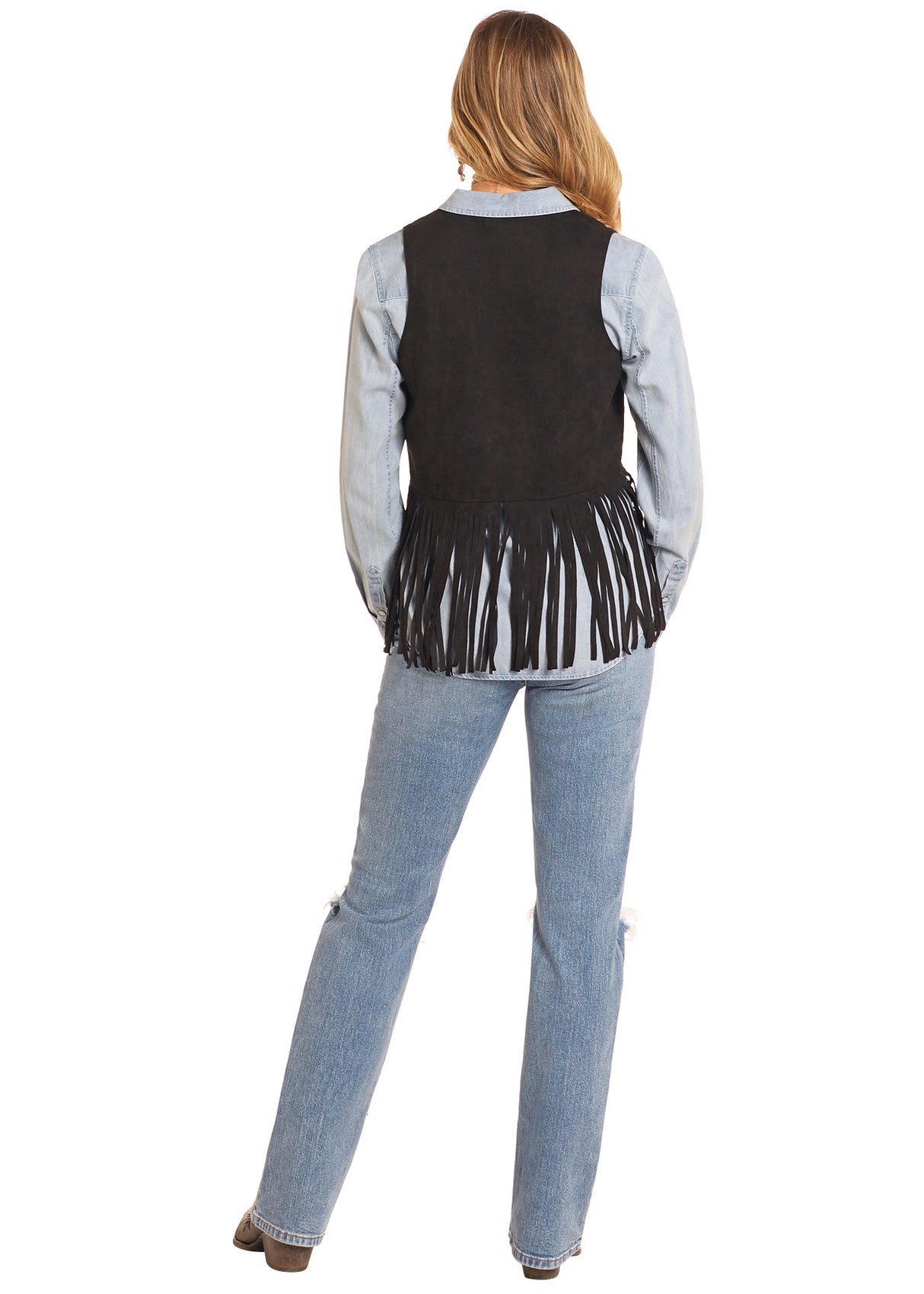 Rock & Roll Denim Studded Fringe Vest - Black