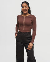 Women's Rib Snap Placket Henley - Deep Mahogany