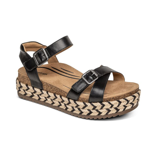 Aetrex Women's Paula Cork Platform Quarter Cross Strap Sandal Black