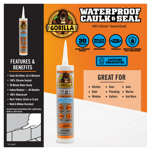 Gorilla Glue 10 OZ Waterproof Caulk & Seal 100% Silicone Sealant - CLEAR