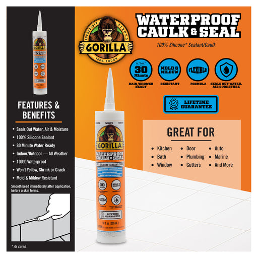 Gorilla Glue 10 OZ Waterproof Caulk & Seal 100% Silicone Sealant - WHITE