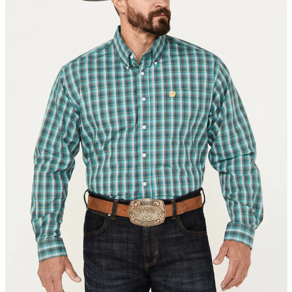 Cinch Men's Plaid Button-Down Long Sleeve Western Shirt - Teal / White / Yellow Teal / White / Yellow Plaid