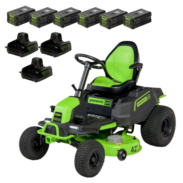 Greenworks 80V 42-inch Cordless Battery CrossoverT Riding Lawn Mower with Six 5.0Ah Batteries and Three Dual Port Turbo Chargers