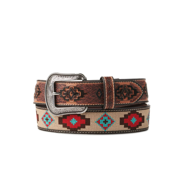 3-D Belt Mens Brown with Tan Aztec Stitch Leather Belt Tan & Brown / 32