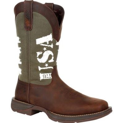 Men's Rebel By Durango Army Green Usa Print Western Boot Brown And Army Green