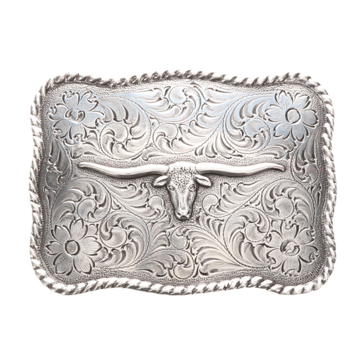Nocona Rectangular Longhorn Steer Head Floral Engraved Belt Buckle - Antique Silver Antique Silver
