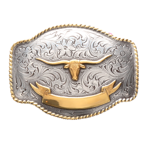 Nocona Rectangular Longhorn Steer Head Rope Edge Ribbon Belt Buckle - Silver & Gold Silver & Gold