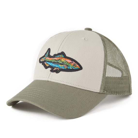 Life Is Good Fish Mountain Scene Hard Mesh Back Cap - Bone Bone