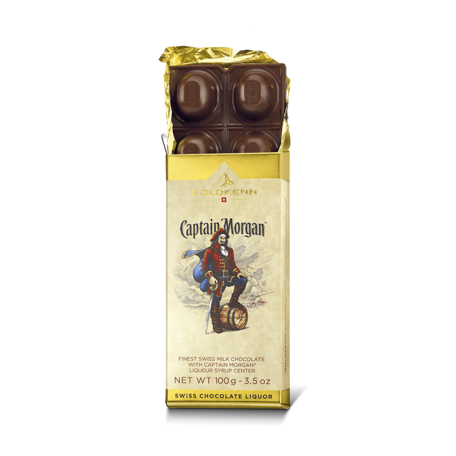 Goldkenn Swiss Chocolate 37% Milk Chocolate Bar with Captain Morgan Liqueur Syrup Center