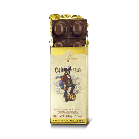 Goldkenn Swiss Chocolate 37% Milk Chocolate Bar with Captain Morgan Liqueur Syrup Center