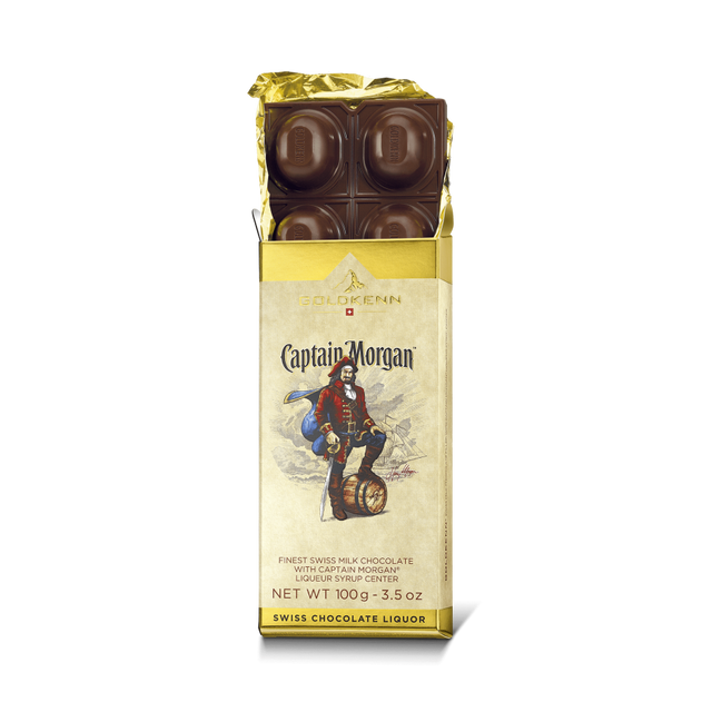 Goldkenn Swiss Chocolate 37% Milk Chocolate Bar with Captain Morgan Liqueur Syrup Center