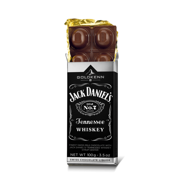 Goldkenn Swiss Chocolate 37% Milk Chocolate Bar with Jack Daniel’s Tennessee Whiskey Syrup Center