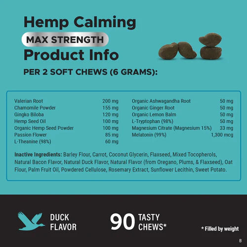 Pet Honesty Hemp Calming Max Strength Supplement Chews - Duck