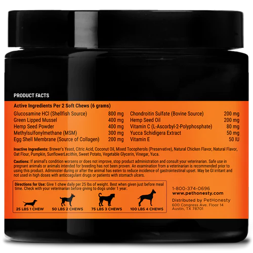 Pet Honesty Hemp Hip + Joint Health Senior Supplement Chews - Chicken