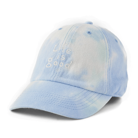 Life is Good Vintage Tie Dye Wordmark Stacked Chill Cap Cornflower Blue Tie Dye