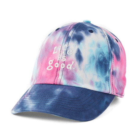 Life is Good Vintage Tie Dye Wordmark Stacked Chill Cap Raspberry Pink Tie Dye