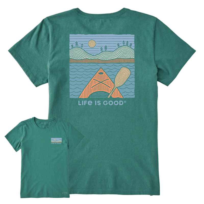 Life is Good Women's Woodblock Kayak Crusher Tee Spruce Green