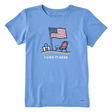 Life is Good Women's I Like it Here America Crusher Tee Cornflower Blue