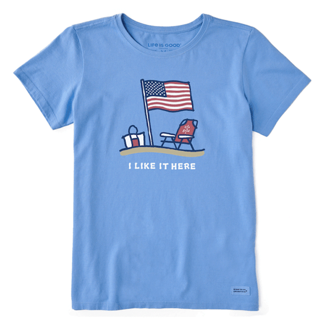 Life is Good Women's I Like it Here America Crusher Tee Cornflower Blue