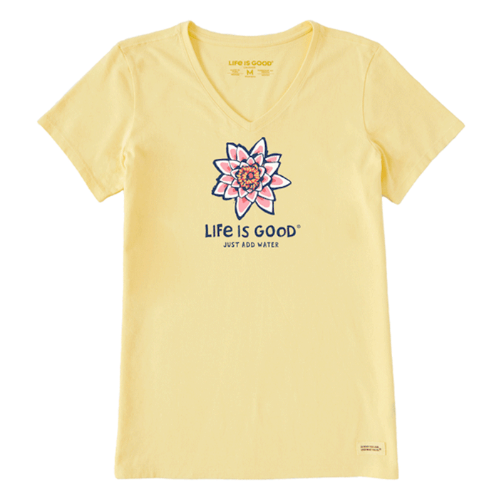 Life is Good Women's Pink Water Lily Short Sleeve Vee Sandy Yellow