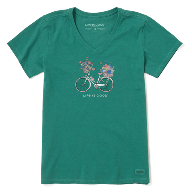 Life is Good Women's Bike Flower Baskets Short Sleeve Vee Spruce Green