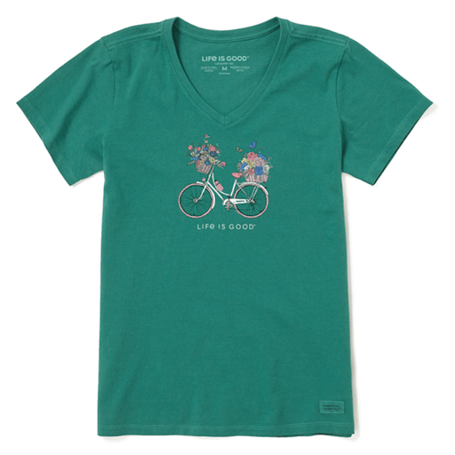 Life is Good Women's Bike Flower Baskets Short Sleeve Vee Spruce Green