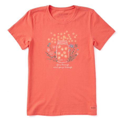 Life is Good Women's Fireflies Flowers Jar Short Sleeve Tee Mango Orange