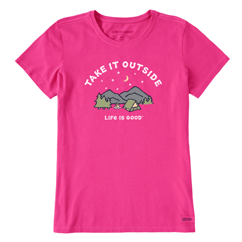 Life is Good Women's Take it Outside Camping Short Sleeve Tee Raspberry Pink