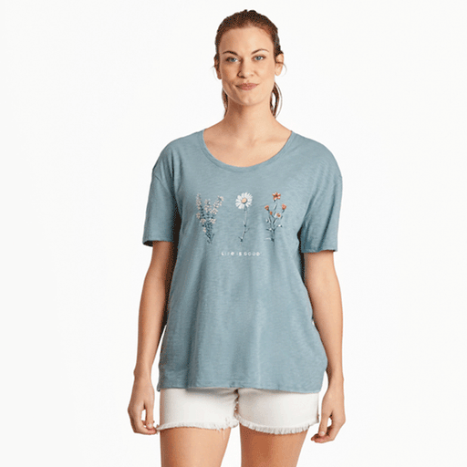 Life is Good Women's Detailed Wildflowers Relaxed Fit Slub Tee Smoky Blue