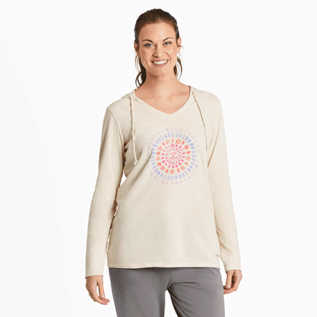 Life is Good Women's Joy Explosion Vibes Long Sleeve Crusher-LITE Hooded Tee Putty White