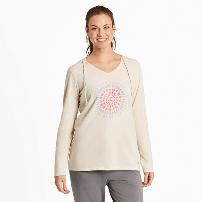Life is Good Women's Joy Explosion Vibes Long Sleeve Crusher-LITE Hooded Tee Putty White