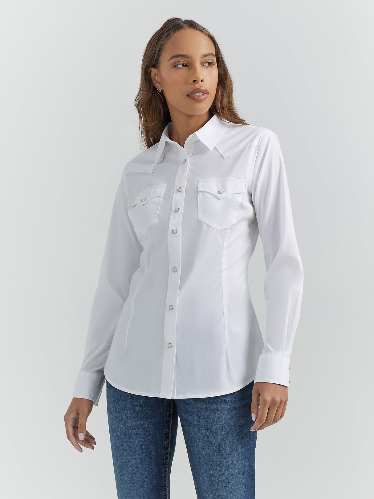 Women's Wrangler Long Sleeve One Point Front And Back Yokes Solid Top In White White