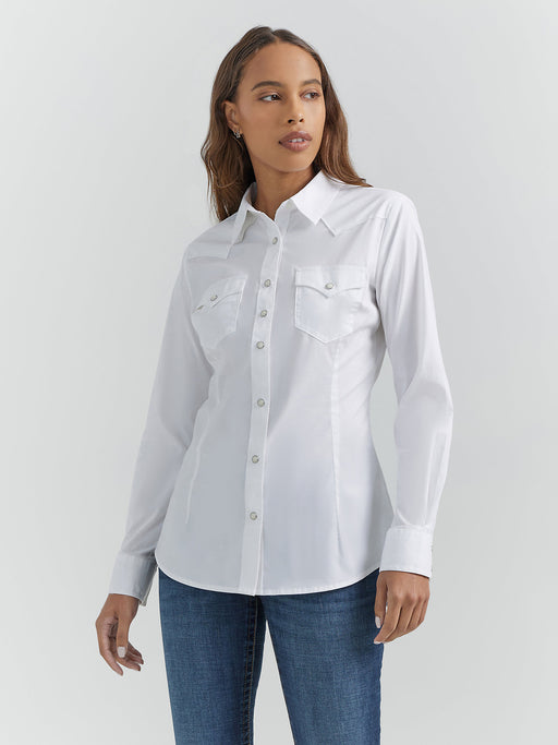 Women's Wrangler Long Sleeve One Point Front And Back Yokes Solid Top In White White