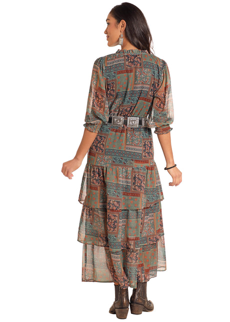 Panhandle Western Wear Tiered Chiffon Patchwork Dress with Smocking