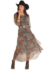 Panhandle Western Wear Tiered Chiffon Patchwork Dress with Smocking