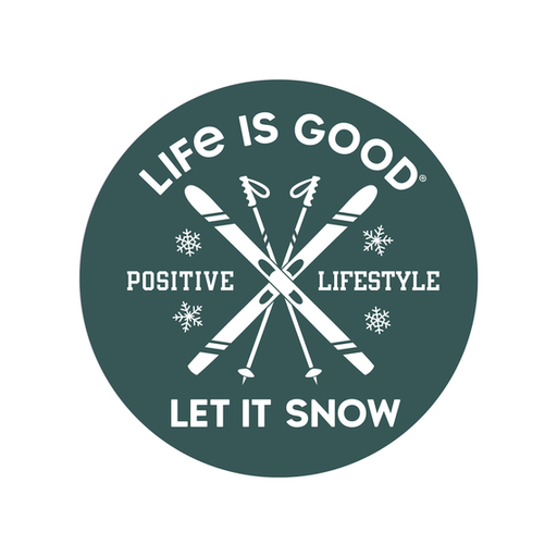 Life Is Good Let It Snow Ski 4" Circle Sticker Spruce green