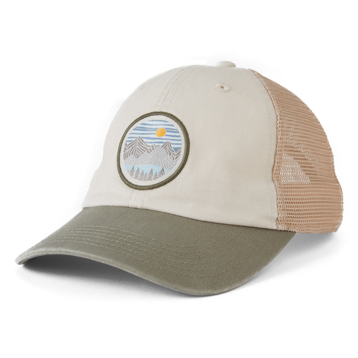 Life Is Good Life Isn't Perfect Woodblock Mountains Soft Mesh Back Cap - Bone Bone