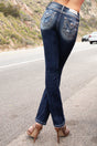 Miss Me Women's Mid-Rise Straight Classic Border Stitched Denim D1049 Dark Blue