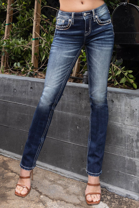 Miss Me Women's Mid-Rise Straight Classic Border Stitched Denim