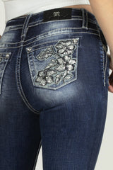 Miss Me Women's Three Flower Sequined Denim Jean