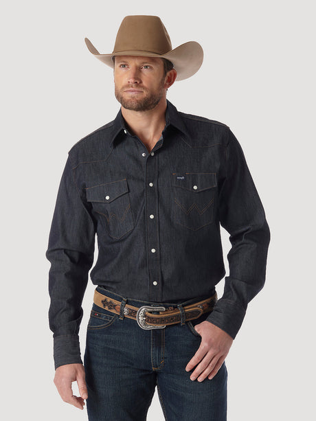 Wrangler Men's Premium Performance Advanced Comfort Cowboy Cut Long Sleeve Spread Collar Sold Shirt In Denim Denim