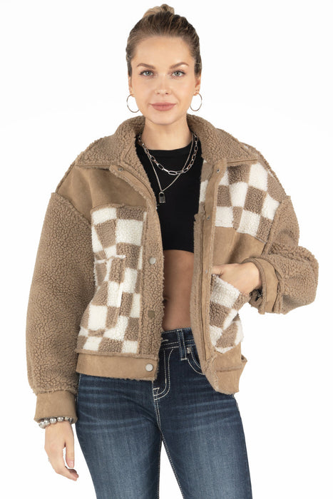 Miss Me Patchwork Checkered Print Sherpa Jacket