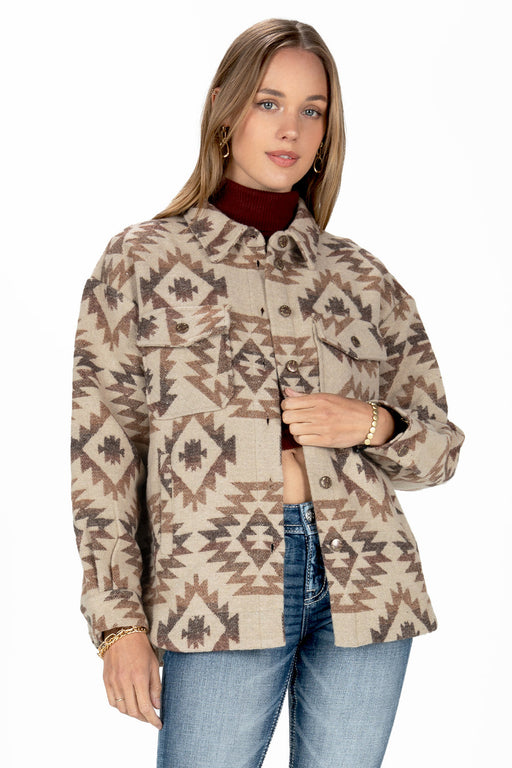 Miss Me Aztec Button Up Shacket Taupe Beige