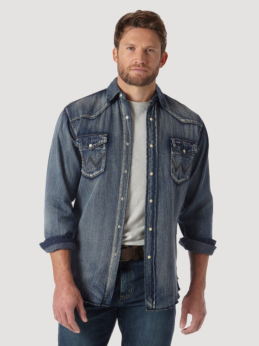 Wrangler Men's Cowboy Cut Long Sleeve Western Denim Snap Work Shirt In Antique Blue Denim