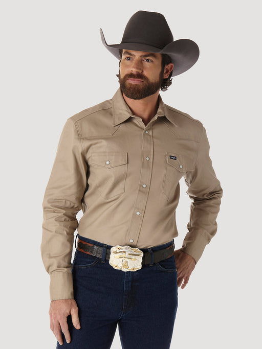 Wrangler Men's Cowboy Cut Firm Finish Long Sleeve Western Snap Solid Work Shirt In Khaki Khaki