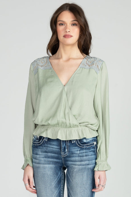 Miss Me Women's Long Sleeve Chiffon Crochet Top Sage green