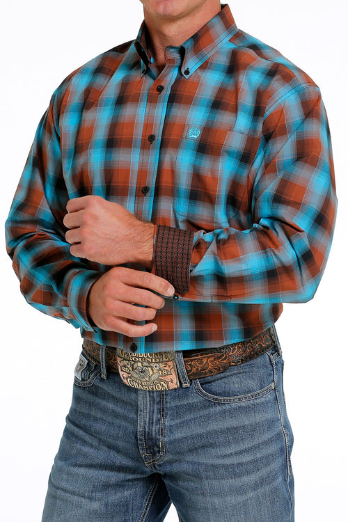 Cinch Men's Plaid Button-Down Long Sleeve Western Shirt - Turquoise & Cinnamon Turquoise & Cinnamon